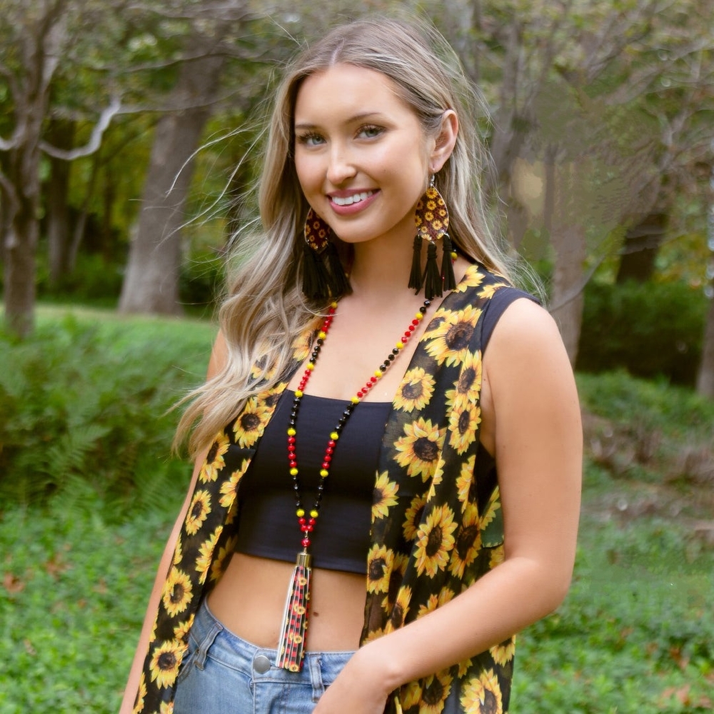 Sunflower Print Vest with Tassel